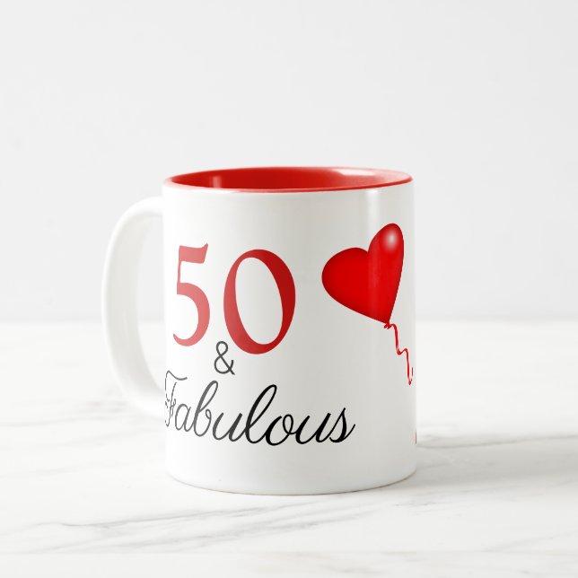 50 and Fabulous Photo and Red 50th Birthday Two-Tone Coffee Mug (Front Left)