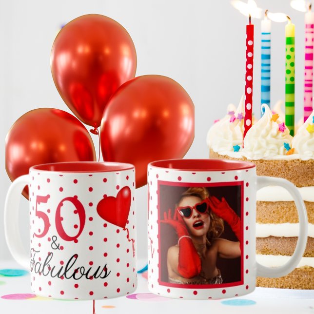 50 and Fabulous Photo and Red 50th Birthday WH Red Two-Tone Coffee Mug (50 and Fabulous Photo and Red 50th Birthday WH Red Two-Tone Coffee Mug)