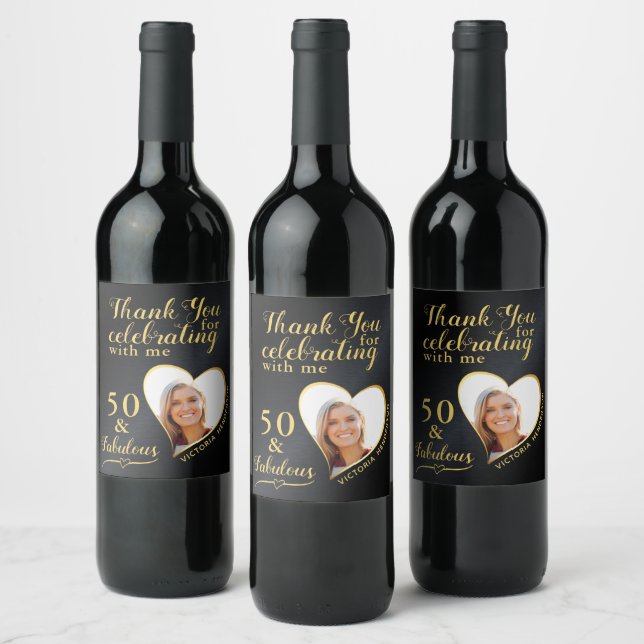50 and Fabulous Photo Black and Gold Thank You Wine Label (Bottles)