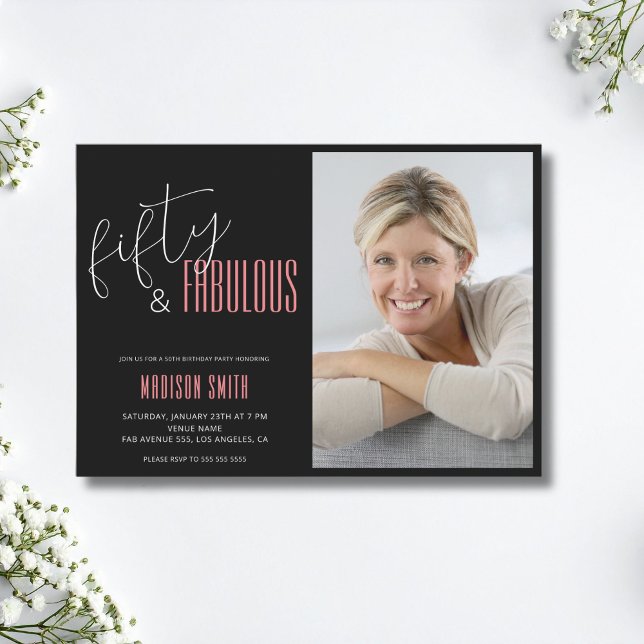50 and Fabulous Photo Black and Pink 50th Birthday Invitation (50 and Fabulous Photo Black and Pink 50th Birthday Invitation)