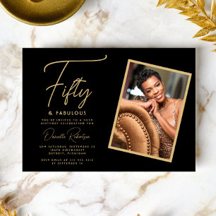 50 and Fabulous Photo Black Gold Birthday Party Invitation