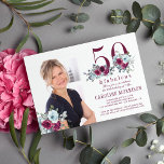 50 and fabulous photo elegant 50th birthday party invitation<br><div class="desc">Elegant feminine 50 and fabulous birthday party photo and name personalised invitation with watercolor red burgundy,  dusty blue roses bouquets,  and a modern trendy typography script.</div>