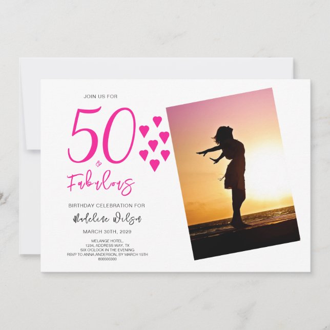 50 and Fabulous Photo Pink Hearts 50th birthday Invitation (Front)