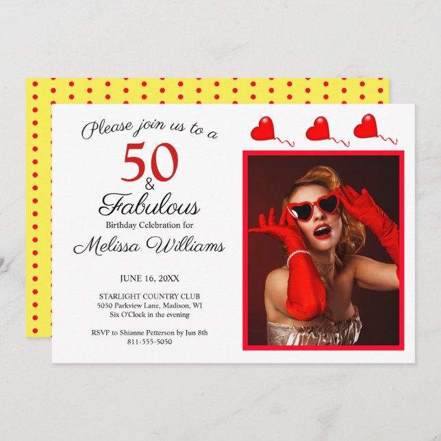 50 and Fabulous Photo Red 50th Birthday Yellow Red Invitation (Front/Back)