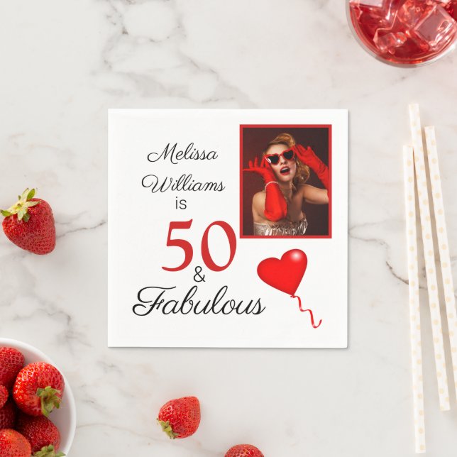 50 and Fabulous Photo with Name Red 50th Birthday Napkin (Insitu)