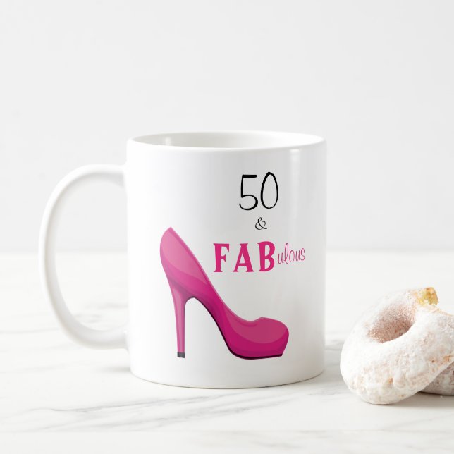 50 and Fabulous Pink and Black 50th Birthday Coffee Mug (With Donut)