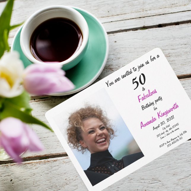 50 and fabulous pink and black elegant photo invit invitation (Creator Uploaded)