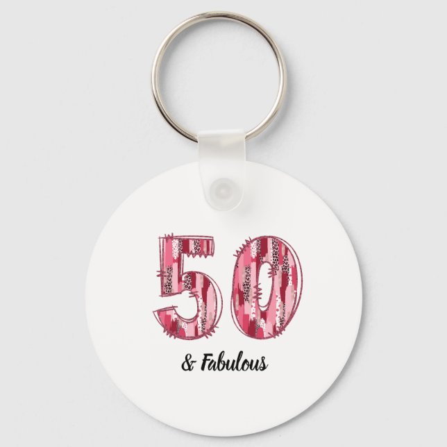 50 and Fabulous Pink and Leopard Brush Strokes Key Ring (Front)