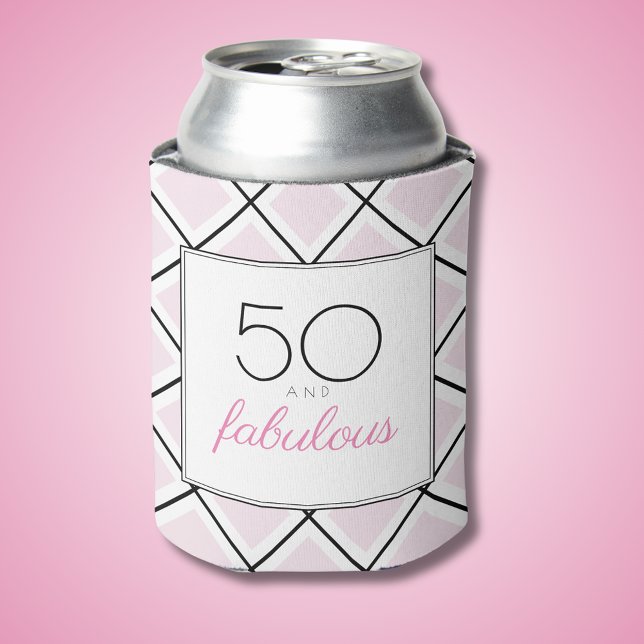 50 and fabulous pink birthday can cooler (50 and fabulous pink can cooler with diamond checked background.)