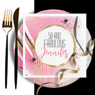 50 and Fabulous Pink Black Gold Modern Birthday  Napkin