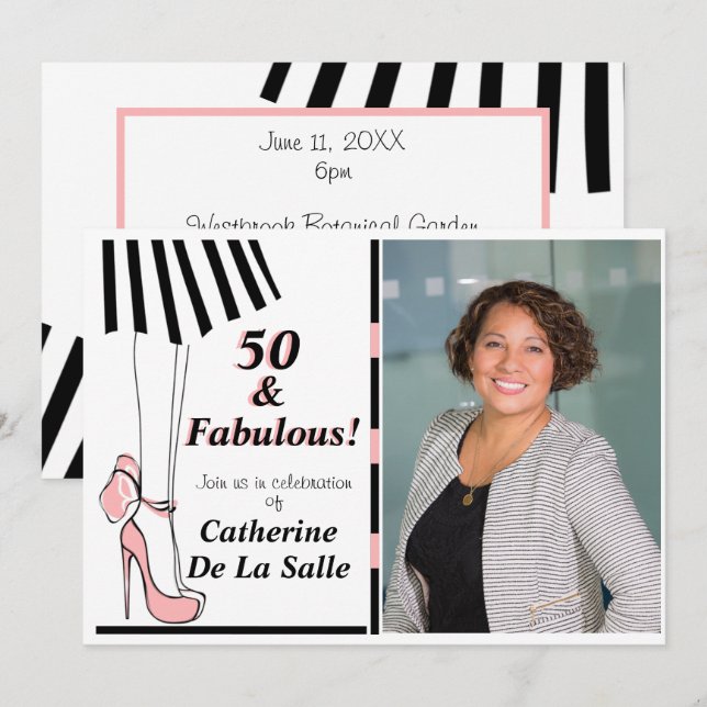 50 and Fabulous Pink Black Stripe Photo Invitation (Front/Back)