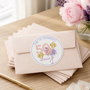 50 and Fabulous Pink Floral Flamingo Classic Round Sticker