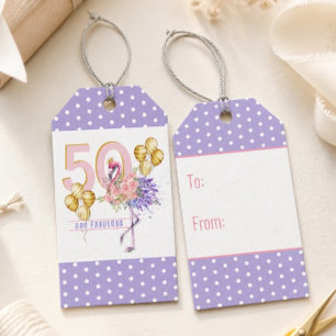 50 and Fabulous Pink Floral Flamingo Gift Tags