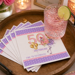 50 and Fabulous Pink Floral Flamingo Paper Napkin