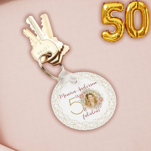 50 and Fabulous Pink Floral Gold Photo Birthday Key Ring