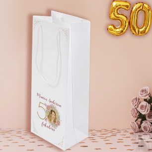 50 and Fabulous Pink Floral Gold Photo Birthday Wine Gift Bag