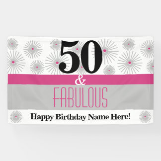 50 and Fabulous Pink Grey Birthday Party Banner