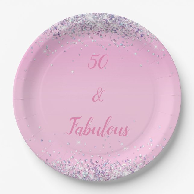 50 and Fabulous Pink Holographic Glitter Paper Plate (Front)
