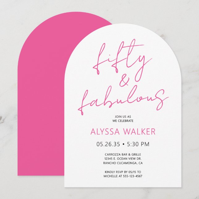 50 and Fabulous Pink Modern Script 50th Birthday Invitation (Front/Back)