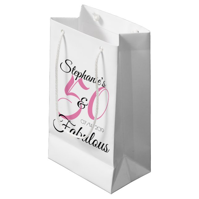 50 and Fabulous Pink Personalised Birthday Party Small Gift Bag (Front Angled)