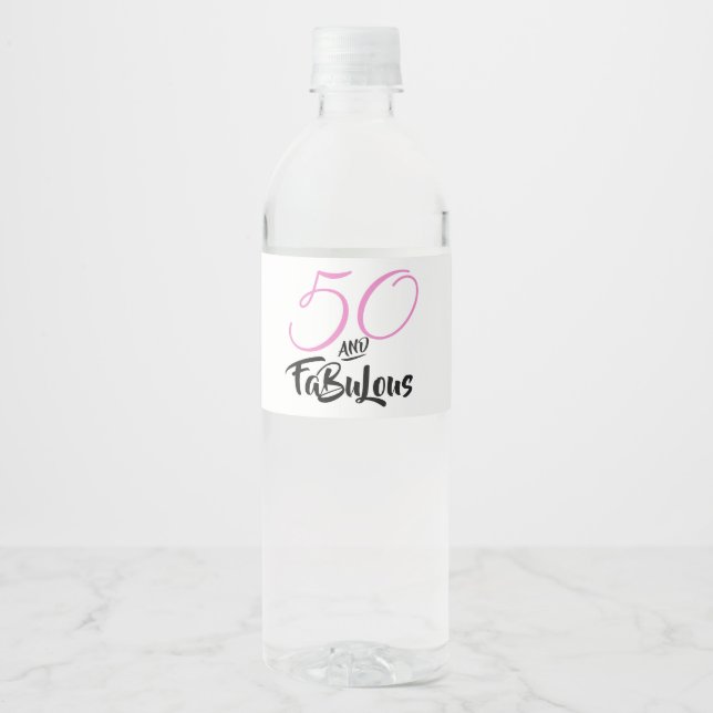 50 and Fabulous Pink Personalised Birthday Party Water Bottle Label (Front)