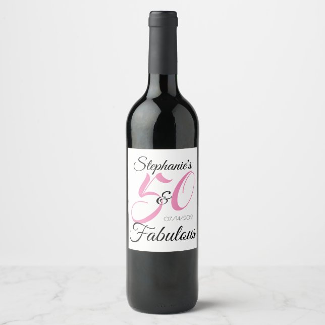 50 and Fabulous Pink Personalised Birthday Party Wine Label (Front)