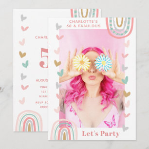 50 and Fabulous Pink Rainbow Photo 50th Birthday Invitation
