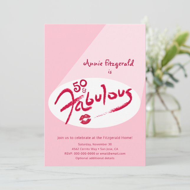 50 and Fabulous Pink Red Lipstick Birthday Invite (Standing Front)