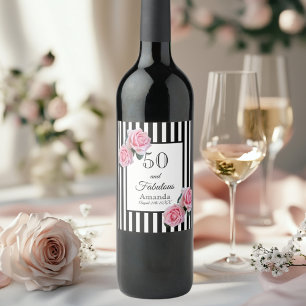 50 and fabulous pink roses black white stripes wine label