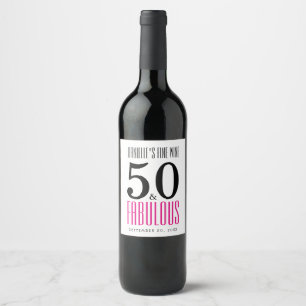 50 and Fabulous Pink Typography 50th Birthday Wine Label