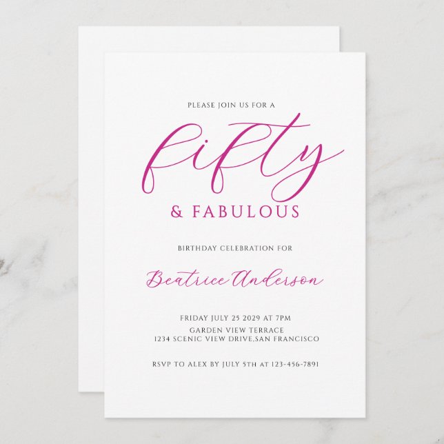 50 and Fabulous Pink White Birthday Party Invitation (Front/Back)