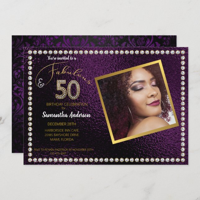 50 and Fabulous Purple Bling 50th Birthday Party Invitation (Front/Back)