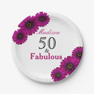 50 and Fabulous purple daisies 50th Birthday Paper Plate