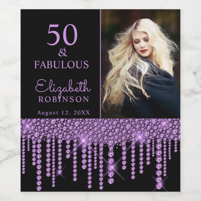 50 and Fabulous Purple Drips Pearl Birthday Party Wine Label (Single Label)