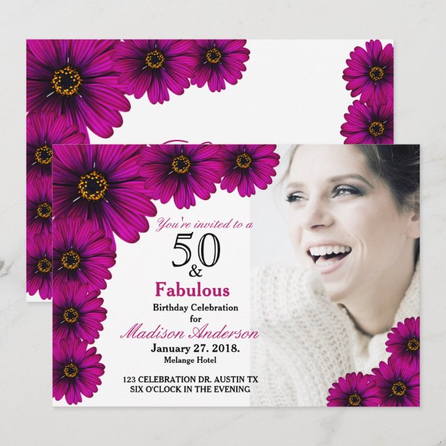 50 and Fabulous purple Floral 50th Photo Birthday Invitation (Front/Back)