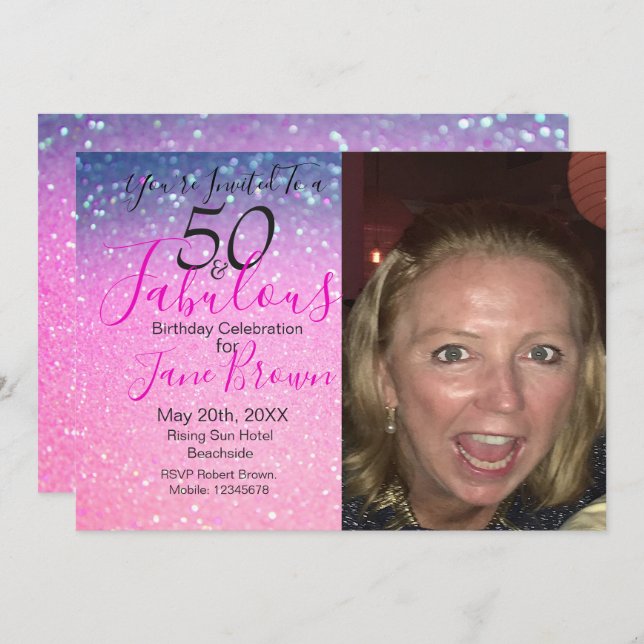50 and Fabulous Purple Glitter Pink Invitation (Front/Back)