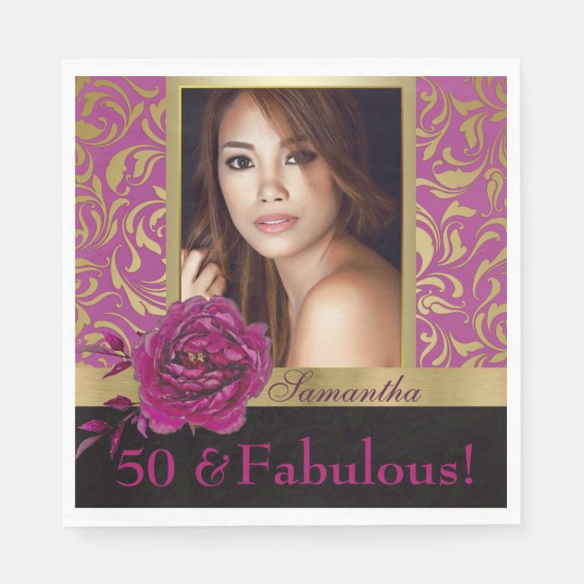 50 and Fabulous Purple Gold Damask Photo Birthday Napkin (Front)