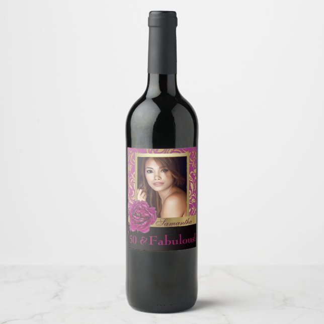 50 and Fabulous Purple Gold Damask Photo Birthday Wine Label (Front)