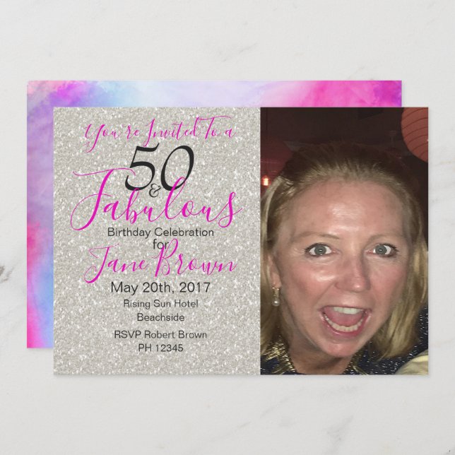 50 and Fabulous Purple  Silver and Pink invitation (Front/Back)