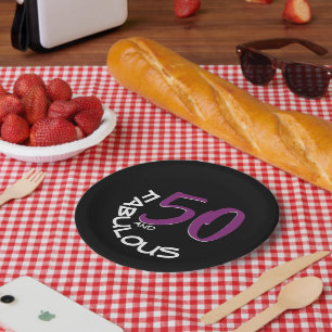 50 and Fabulous Purple White Typography Birthday Paper Plate