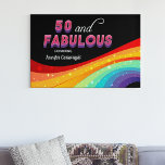 50 and Fabulous Rainbow Sparkle Chic 50th Birthday Faux Canvas Print<br><div class="desc">Dazzle your guests with this bright rainbow 50 and Fabulous birthday party canvas art. Pink and purple bold typography above a colourful rainbow with faux sparkles creates a stunning look for your big 50th Birthday event. The modern black background really makes your fun colour choices pop and stand out. Coordinate...</div>