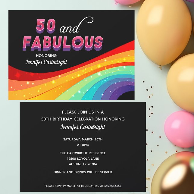 50 and Fabulous Rainbow Sparkle Pink Text Birthday Invitation (Creator Uploaded)