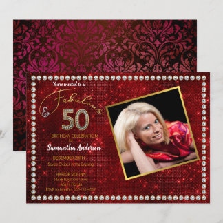50 and Fabulous Red Bling 50th Birthday Party Invitation