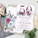 50 and fabulous red burgundy floral 50th birthday invitation<br><div class="desc">Elegant feminine 50 and fabulous birthday invitation with watercolor red burgundy and light dusty blue peony roses bouquets and a modern trendy typography script.              Easy to personalise with your details!</div>