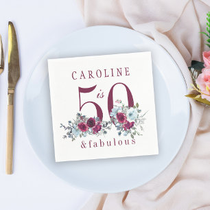 50 and fabulous red burgundy floral birthday party napkin