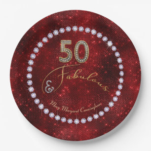 50 and Fabulous Red Sparkle 50th Birthday Party Paper Plate