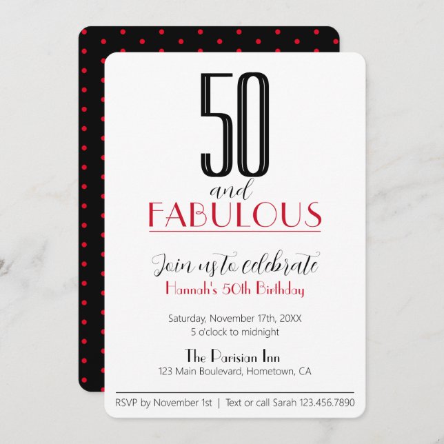 50 and Fabulous Retro Birthday Red and Black Invit Invitation (Front/Back)