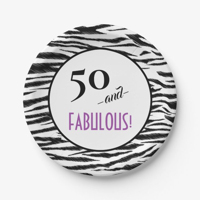 50 and FABULOUS! Retro Zebra Print Birthday Party Paper Plate (Front)