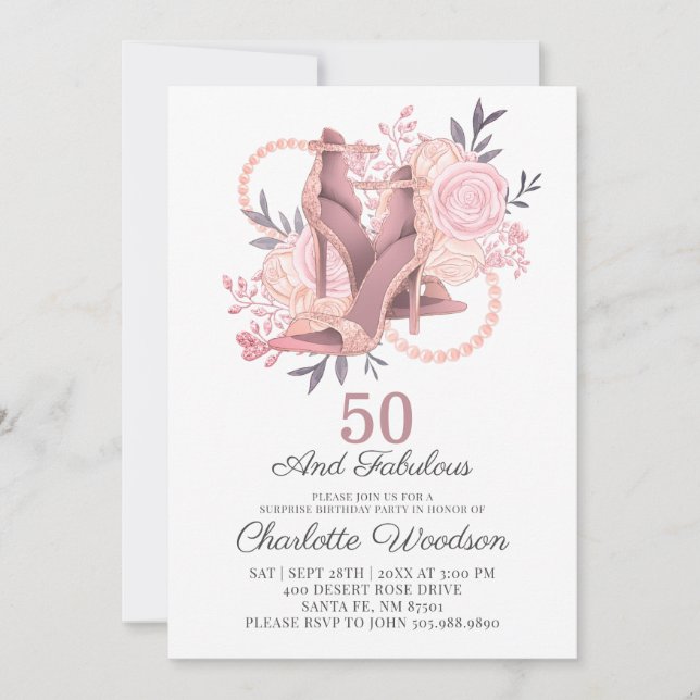 50 and Fabulous Rose Gold Dancing Shoes Invitation (Front)