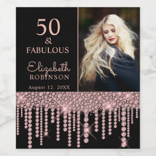 50 and Fabulous Rose Gold Drips Birthday Party Wine Label
